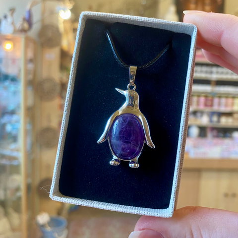 Amethyst Penguin Pendant Black Cord