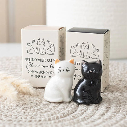 White and Black Lucky Cat Charms in a Box