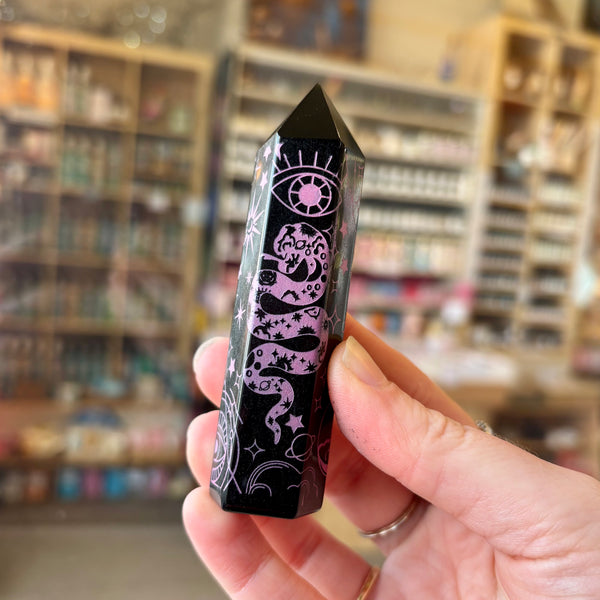Black Obsidian Carved Point Pink