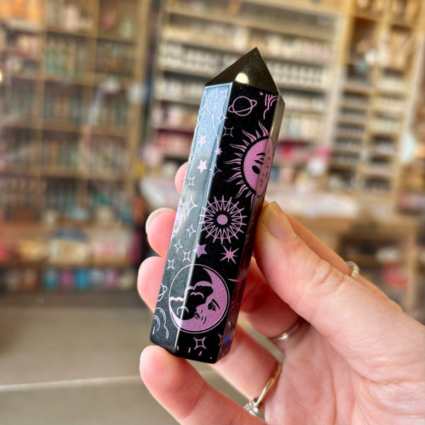 Black Obsidian Carved Point Pink