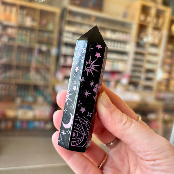 Black Obsidian Carved Point Pink