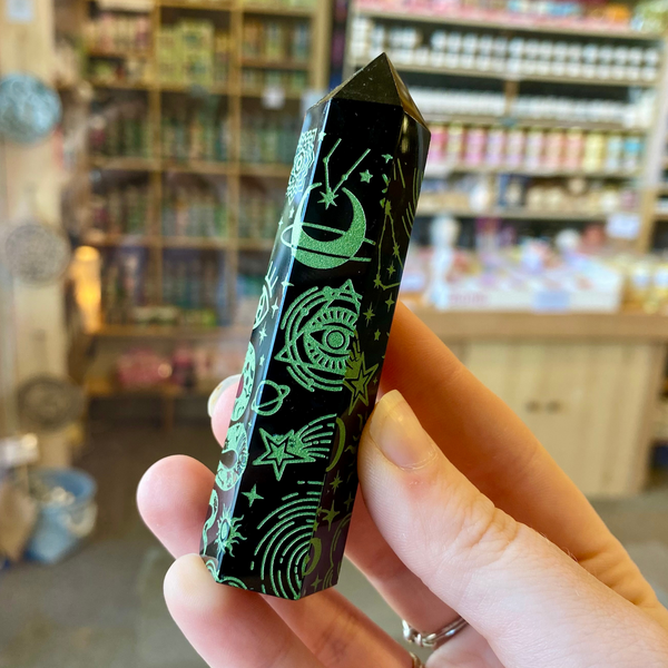 Black Obsidian Carved Point Green