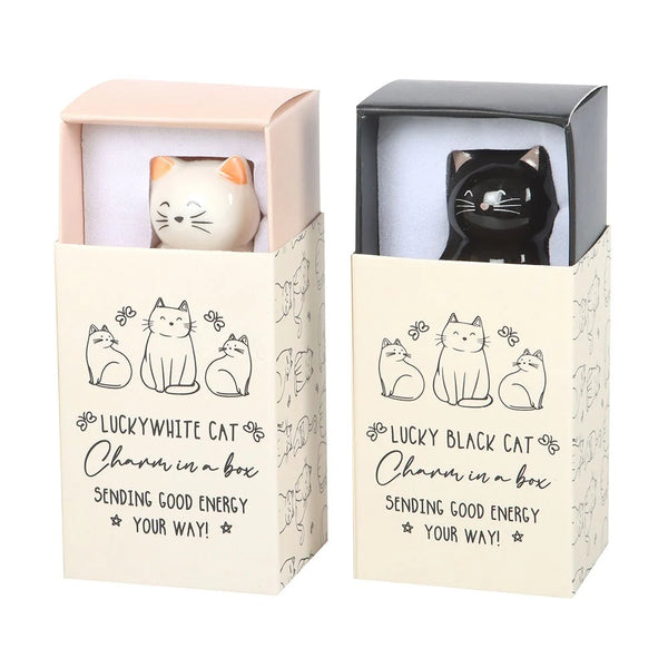 White and Black Lucky Cat Charms in a Box