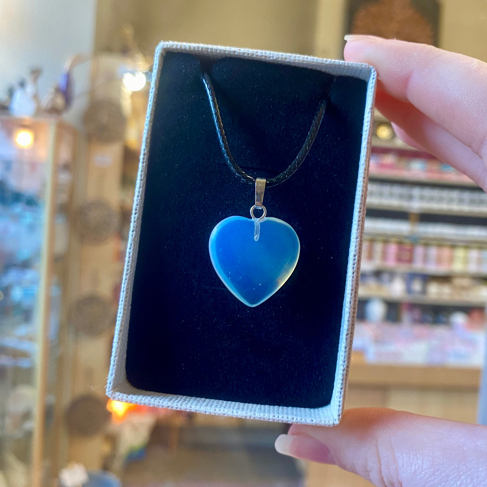 Opalite Heart Pendant Black Cord