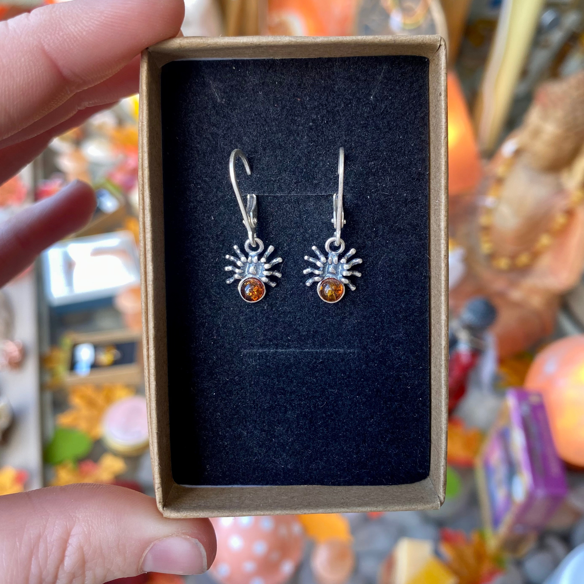 Amber Spider Earrings Sterling Silver