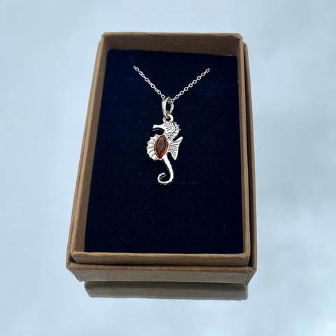 Seahorse Amber Pendant Sterling Silver