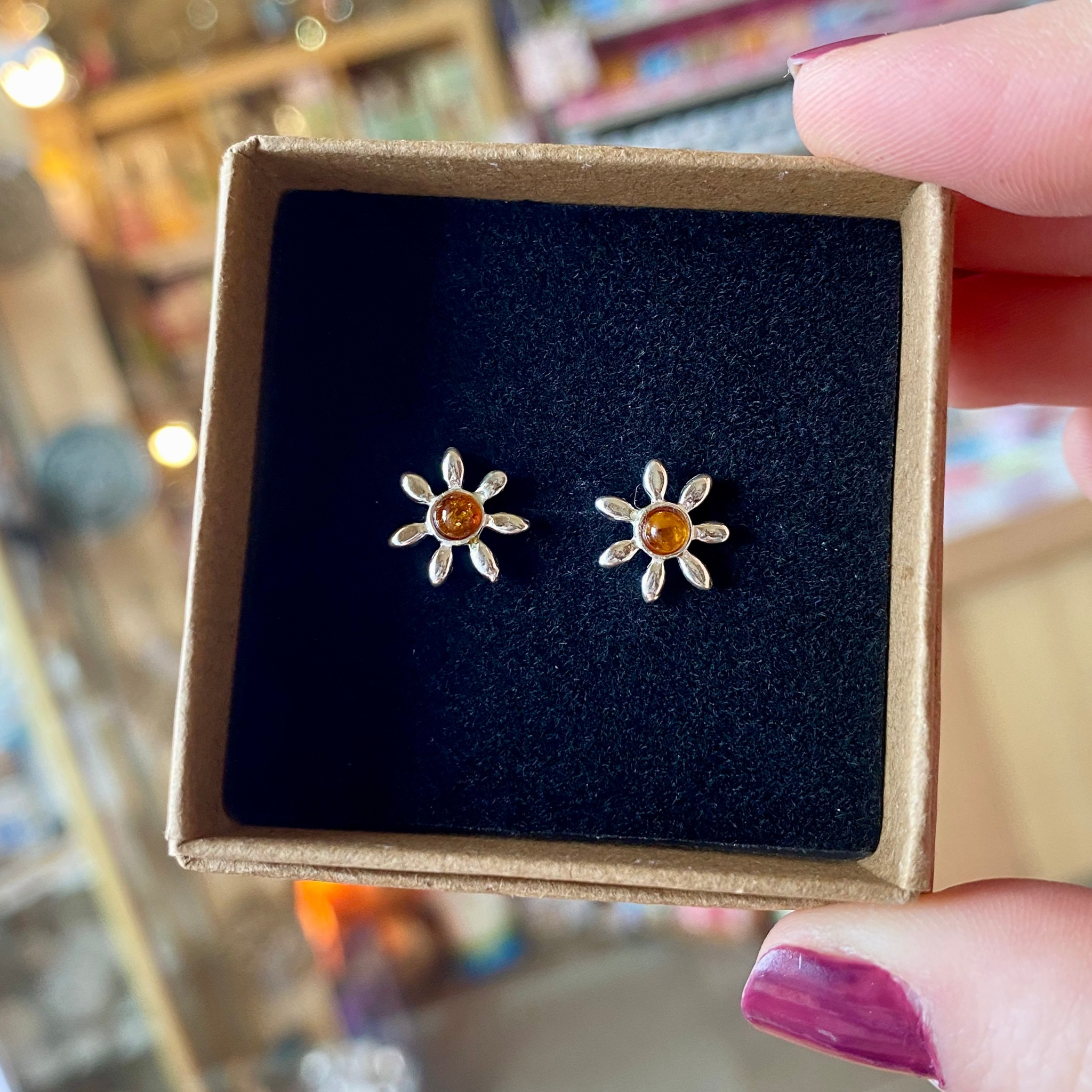 Flower Amber Stud Earrings Sterling Silver